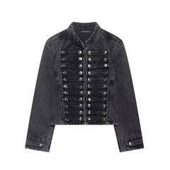 Denim Embroidered Button Jacket And Micro Shorts Set