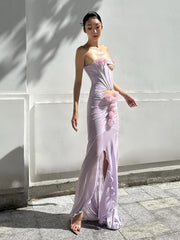 Purple 3d Flower Strapless Slit Cut Out Mesh Maxi Dress