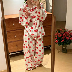 Red Apple Print Collar Long Sleeve Shirt And Pants Pajama Set