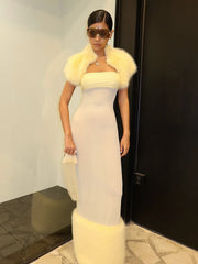 Yellow Fur Patchwork Short Jacket And Strapless Maxi Dress Set