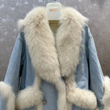Fur Collar Denim Patchwork Coat