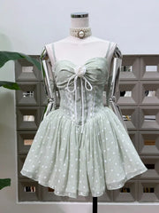 Polka Dot Corset Spaghetti Strap 3D Flower Flared Mini Dress