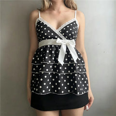 Polka Dot Layered Ruffle Babydoll Bow Cami Top