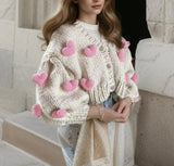 Beige Crochet 3D Pink Heart Cardigan