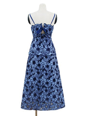 Blue Floral Embroidery Midi Dress