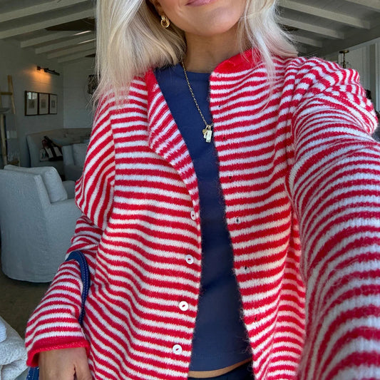 Striped  Crew Neck Open Front Button Down Cardigan