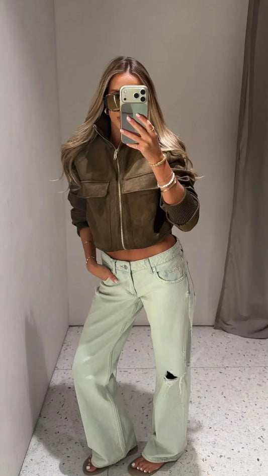 Faux Suede Stand Collar Zip Up Bomber Jacket