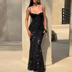 Open Back Lace Up Embroidred Flower Maxi Dress