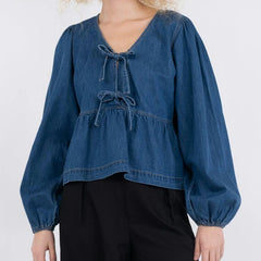 Denim Bowknot Peplum Blouse Top