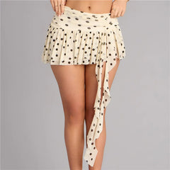 White Polka Dot Ruffle Side Slit Mini Skirt