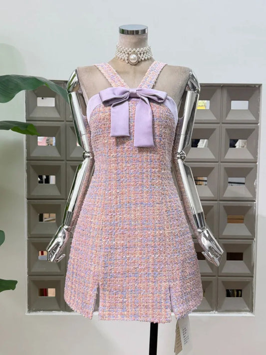 Tweed Bow Detail Halter Mini Dress