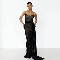 Black Mesh Spaghetti Strap Ruched Draped Maxi Dress