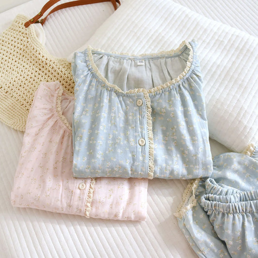 Cotton O-neck Long-sleeved Printed Button Shirt And Pants Pajama Set