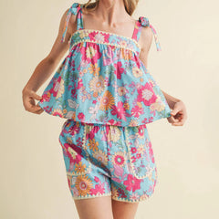 Floral Print Sleeveless Tie Up Tops with Shorts Sleepwear Set