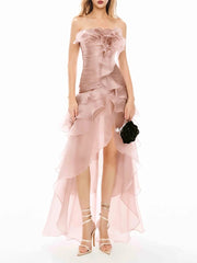 Strapless Ruffles Mesh Midi Dress