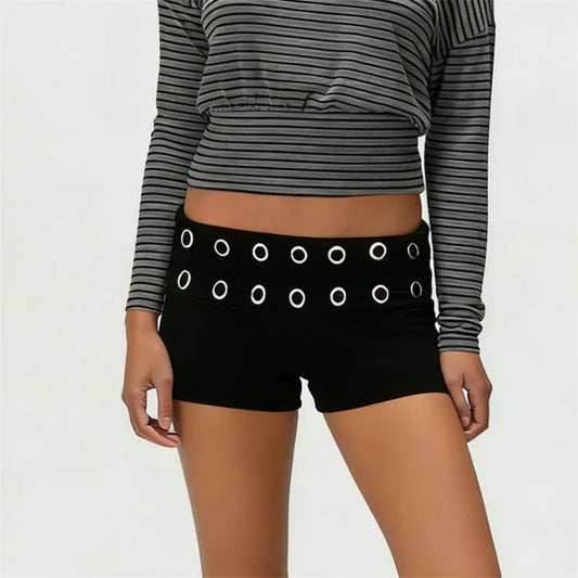 Low Waist Metal Eyelet Detail Fold Over Waistband Shorts