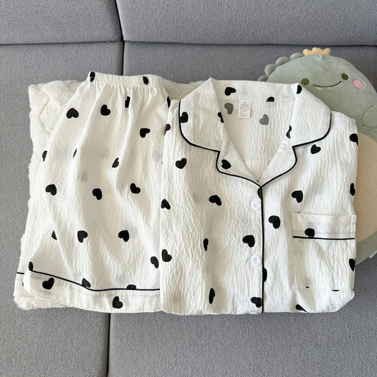 Heart-Shaped Short Sleeve Shirt and Shorts Pajama Set