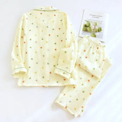Yellow Heart Printed Long Sleeve Shirt And Pants Pajama Set