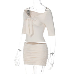 Bow V-Neck Cropped Top And Pleated Mini Skirt Set