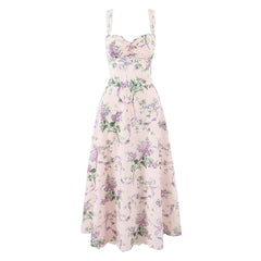 Pink Floral Sweetheart Strap Midi Dress