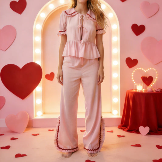 Pink Short Sleeve Round Neck Striped Top and Pants Lounge Wear Set