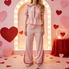 Pink Short Sleeve Round Neck Striped Top and Pants Lounge Wear Set
