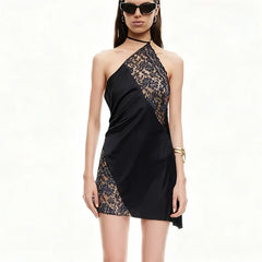 Black Satin Halter Neck Lace Patchwork Mini Dress