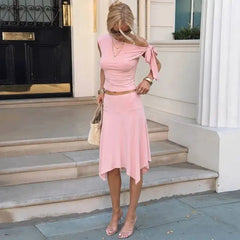 Off-Shoulder Tie Crop Top And Midi Skirt Set