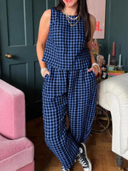 Printed Plaid Sleeveless Vest And Wide Pants Set