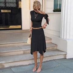 Off-Shoulder Tie Crop Top And Midi Skirt Set
