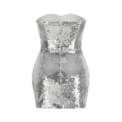 Silver Sequined Strapless with Fish Bones Waist Cinching Mini Dress