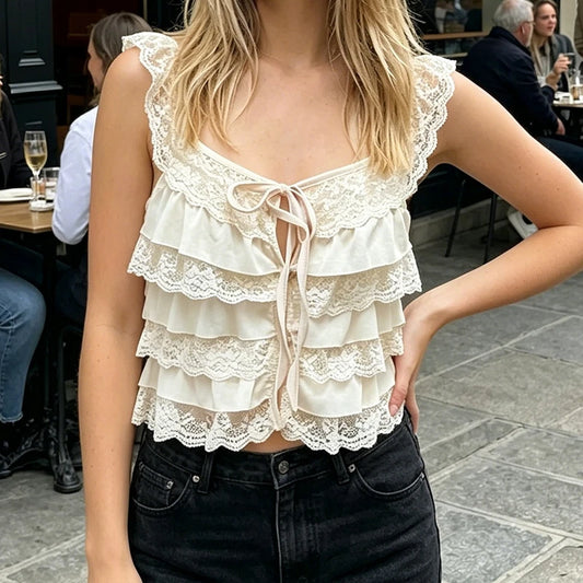 Lace Ruffle Tiered Strappy Top
