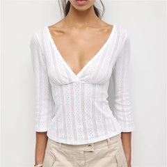 Eyelet Textured V-Neck 3/4 Flare Sleeve Top