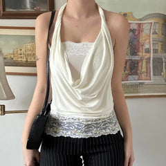 White Lace Cowl Top
