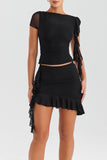 Mesh Ruffle Short Sleeve Top And Mini Skirt Set