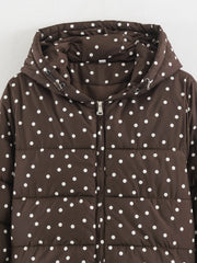 Polka Dot Zip Up Drawstring Hem Hooded Jacket