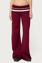 Burgundy Low Rise Knit Flare Pants With Contrast Striped Foldover Waistband