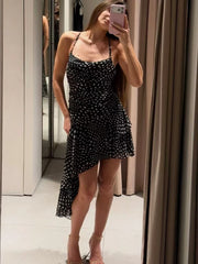 Black Polka Dot Frill Asymmetric Hem Mini Dress