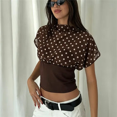 Polka Dot Mesh Overlay Short Sleeve Top