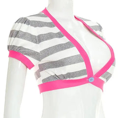 Striped Short Sleeve  Deep V-Neck Crop Top