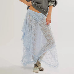 Lace Ruffle Sheer Asymmetrical Hemline Midi Skirt