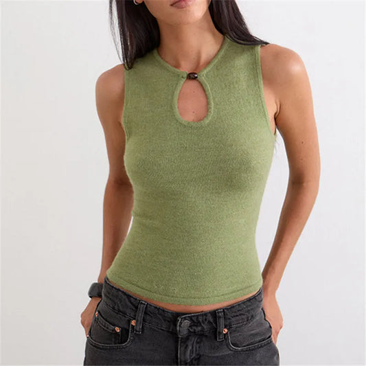 Green Round Neck Keyhole Cutout Sleeveless Knit Top