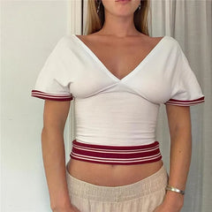 White Striped Trim V-Neck Short Sleeve Fitted Waist Crop Top