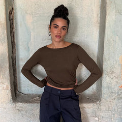 Solid Hollow Out Backless Long Sleeve T-Shirt
