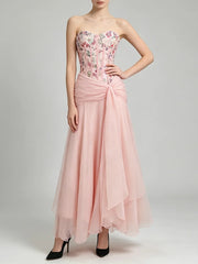 Floral Sequin Corset Waist Draped Midi Dress