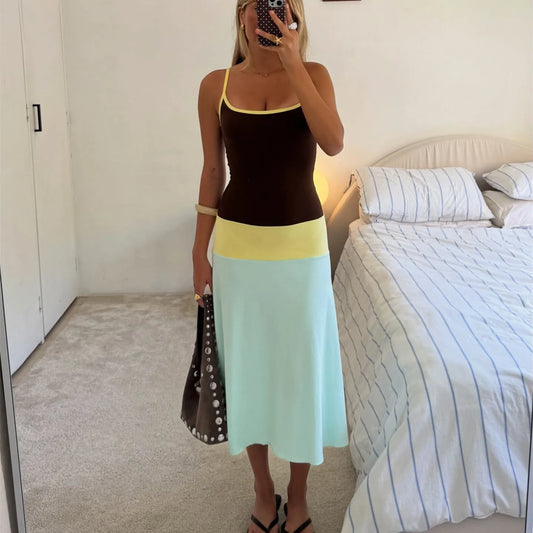 Contrast Color Strappy Solid Midi Dress