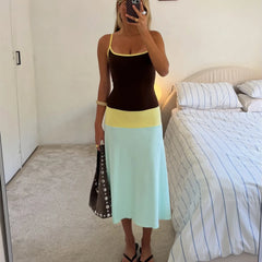 Contrast Color Strappy Solid Midi Dress