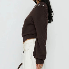 Off Shoulder Button Decor Long Sleeve Knitted Top
