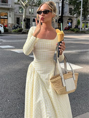 Plaid Square Collar Long Sleeve Maxi Dress