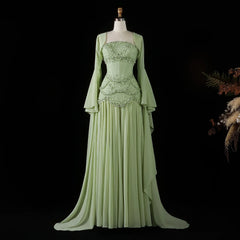 Cape Sleeve Chiffon Tiered Petals Sequined Pearl Embellished Gown
